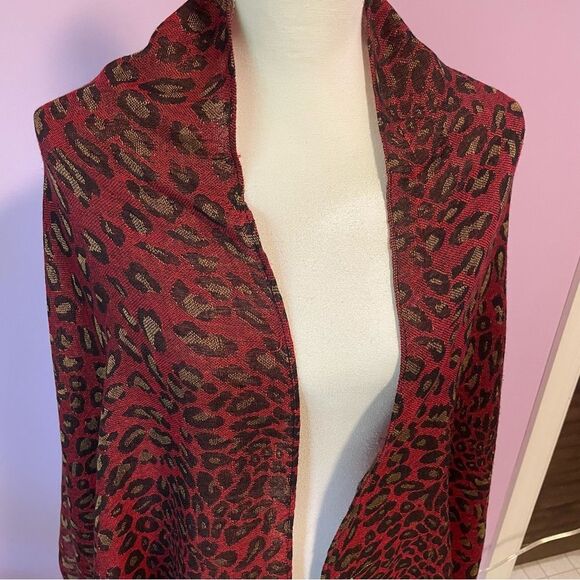 Pashmina Scarf Silk Blend Wrap Red Leopard Animal Print Fringe Shawl - Picture 9 of 10
